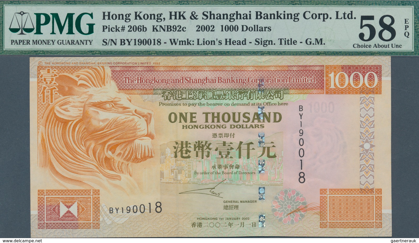 01681 Hong Kong: 1000 Dollars 2002 P. 206b In Condition: PMG Graded 58 Choice AUNC EPQ. - Hong Kong