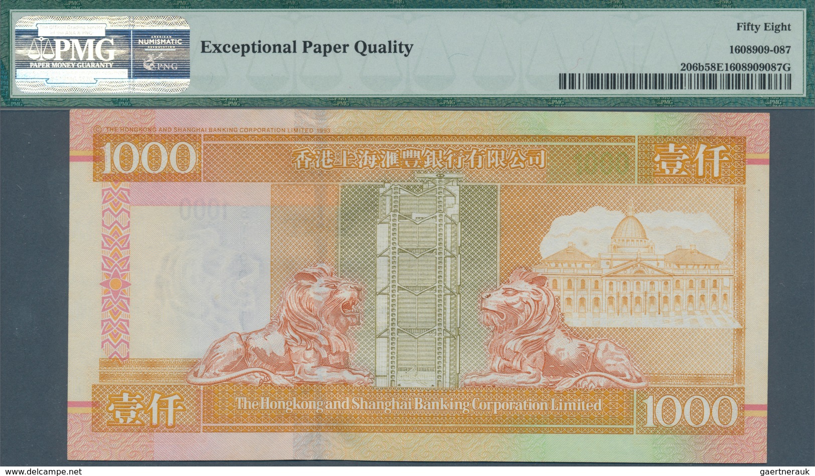 01681 Hong Kong: 1000 Dollars 2002 P. 206b In Condition: PMG Graded 58 Choice AUNC EPQ. - Hongkong