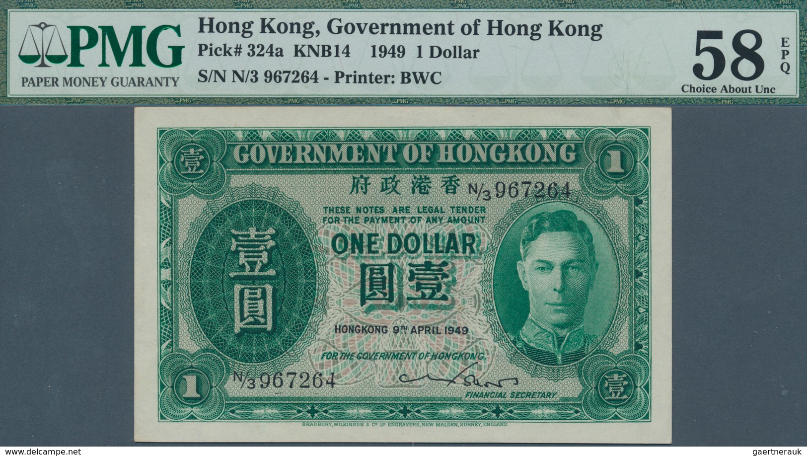01683 Hong Kong: 1 Dollar 1949 P. 324a, Condition: PMG Graded 58 Choice AUNC EPQ. - Hongkong
