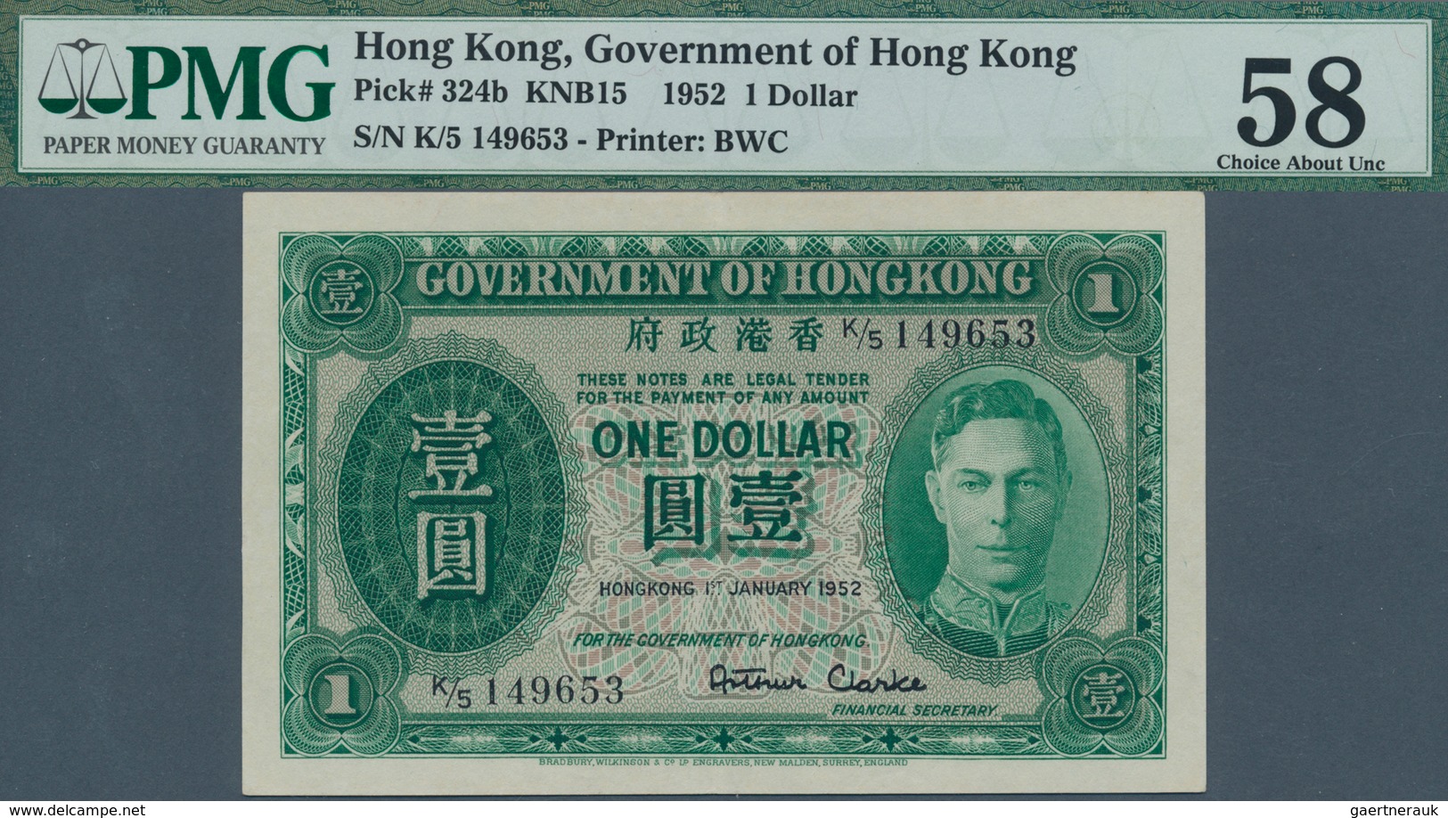 01684 Hong Kong: 1 Dollar 1952 P. 324b In Condition: PMG Graded 58 Choice AUNC. - Hong Kong