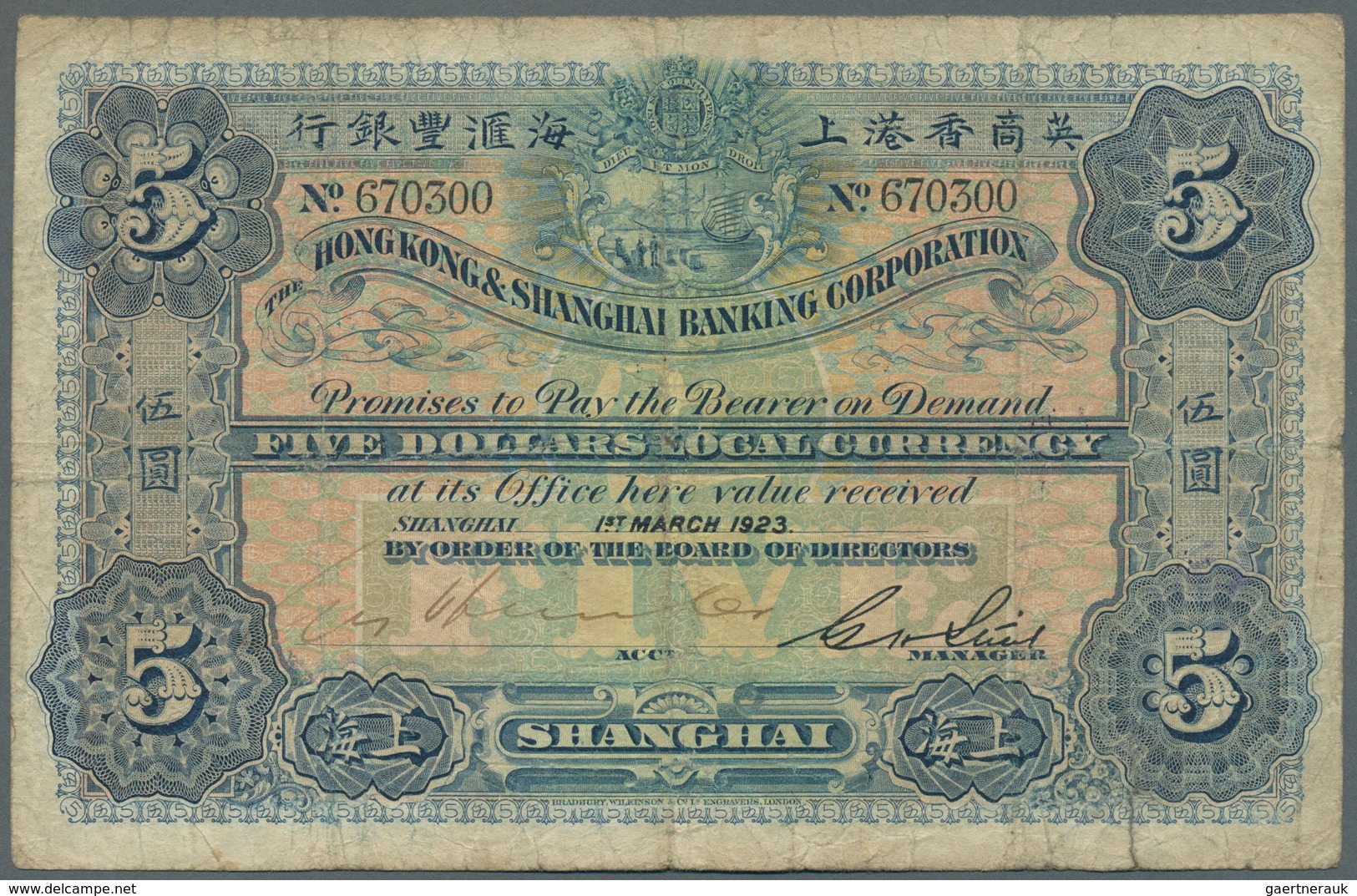 01685 Hong Kong: 5 Dollars 1923 Hong Kong & Shanghai Banking Corporation P. S353, Used With Folds And Crea - Hongkong