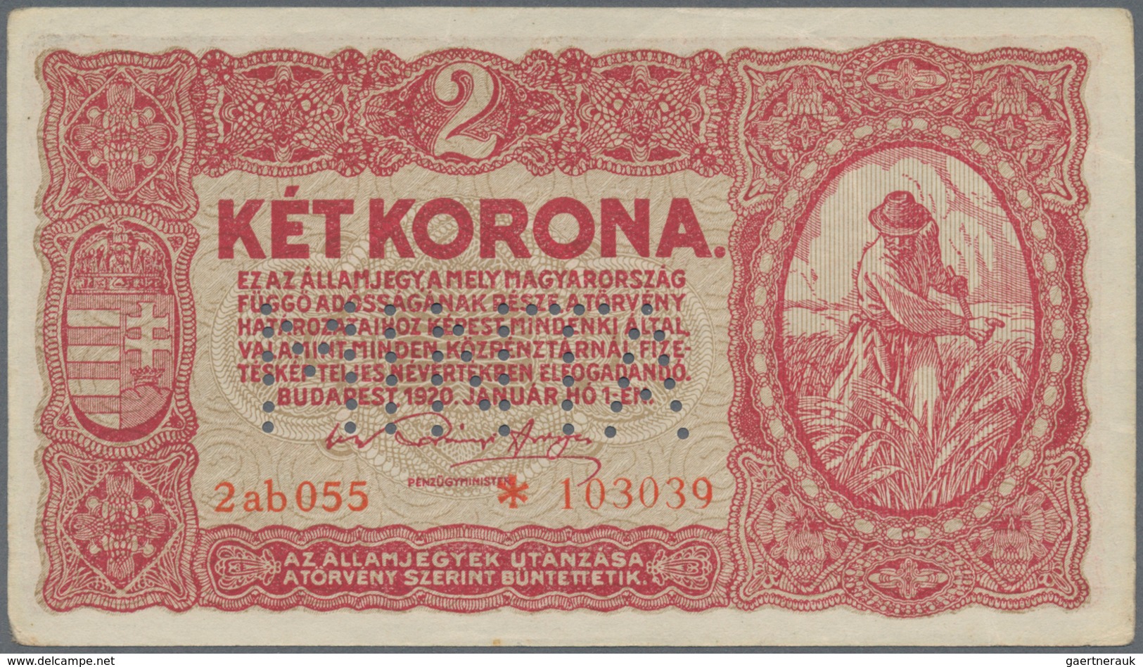 01688 Hungary / Ungarn: 2 Korona 1920 Specimen, P.58s With Perforation "MINTA", Lightly Toned Paper And Ro - Hongarije