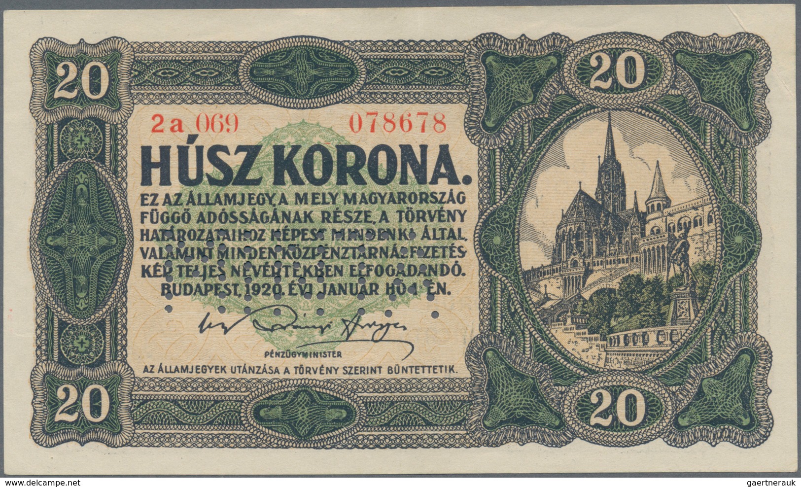 01689 Hungary / Ungarn: 20 Korona 1920 Specimen, P.61s With Perforation "MINTA", Tiny Dint At Upper Right - Hungría