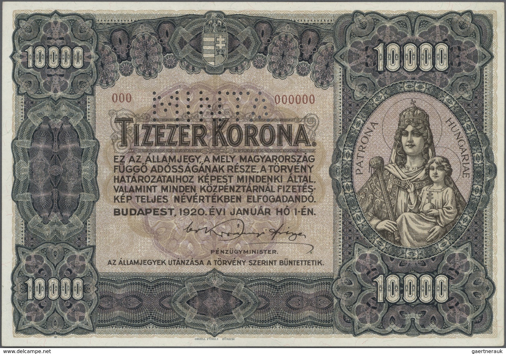 01690 Hungary / Ungarn: 10.000 Korona 1920 Specimen P. 68s In Condition: AUNC. - Ungheria