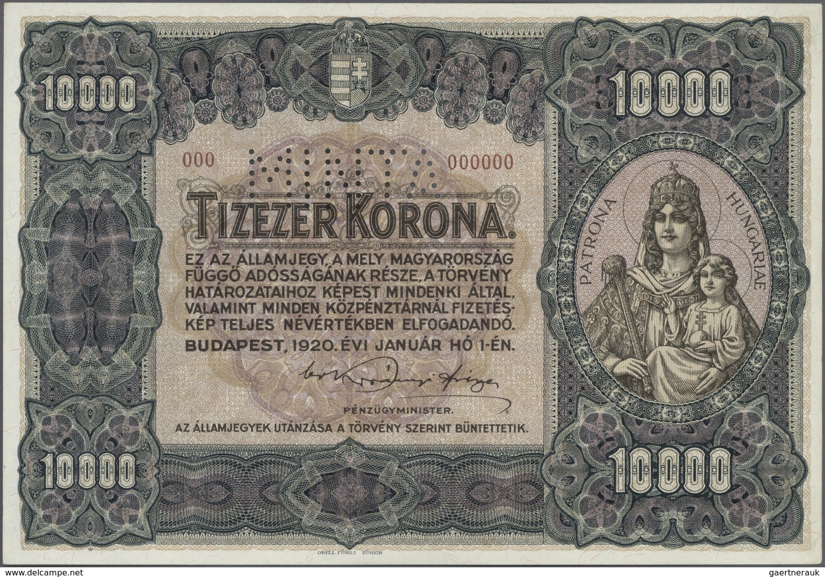 01690 Hungary / Ungarn: 10.000 Korona 1920 Specimen P. 68s In Condition: AUNC. - Hungría