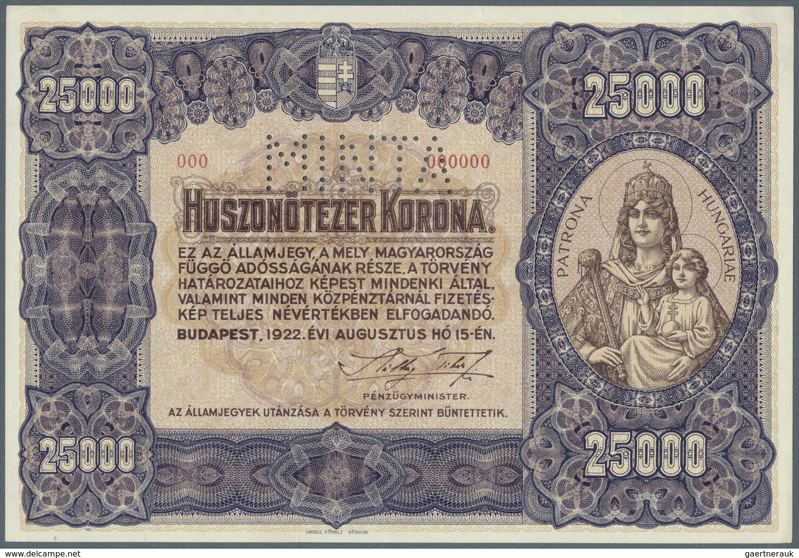 01691 Hungary / Ungarn: Penzügyminiszterium, 25.000 Korona 1922 MINTA (Specimen), P.69s, Tiny Dint At Uppe - Hungría