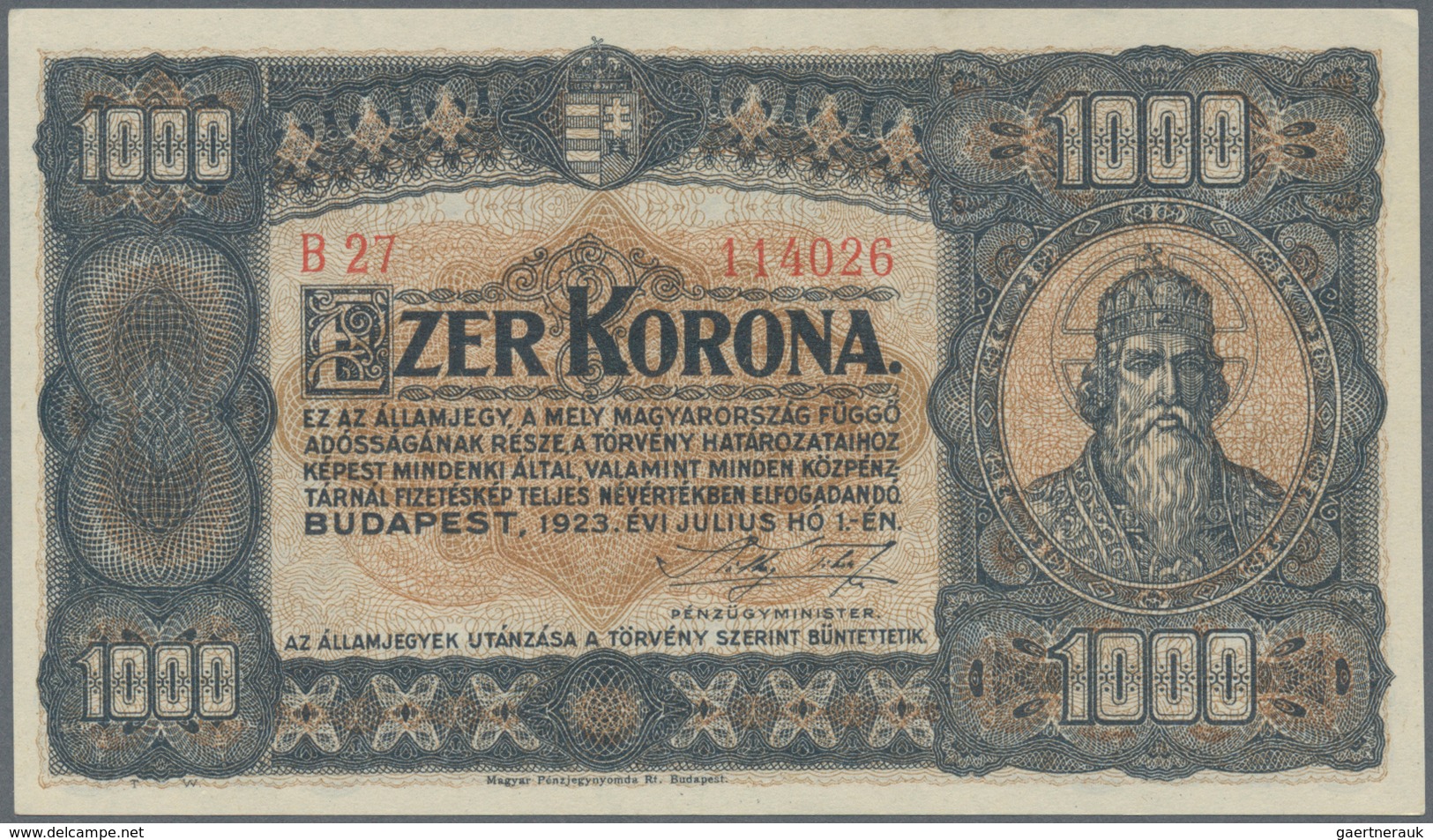 01694 Hungary / Ungarn: 1000 Korona 1923 Printed By Magyar Pénzjegynyomda, Budapest, P.75a, Tiny Dint At U - Hungría