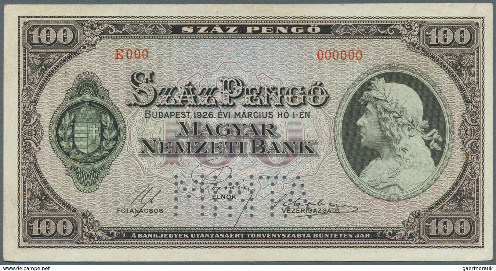 01695 Hungary / Ungarn: Magyar Nemzeti Bank, 100 Pengö 1926 MINTA (Specimen), P.93s, Vertical Fold At Cent - Hongarije