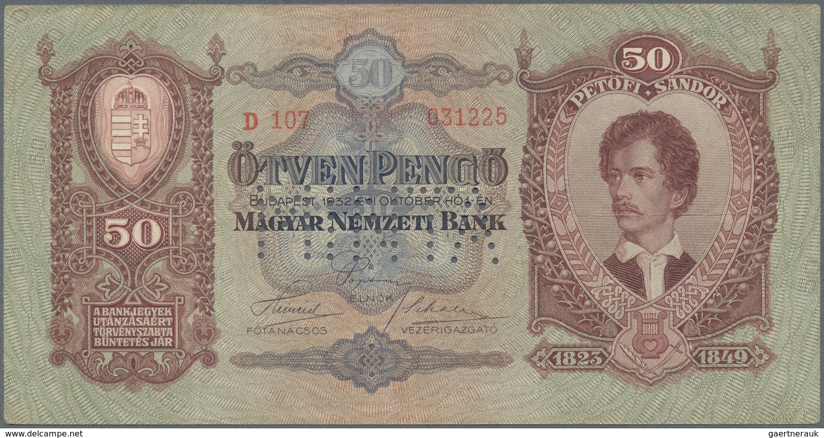 01696 Hungary / Ungarn: 50 Pengö 1932 Specimen, P.99s With Perforation "MINTA" With A Few Vertical Folds A - Hungría