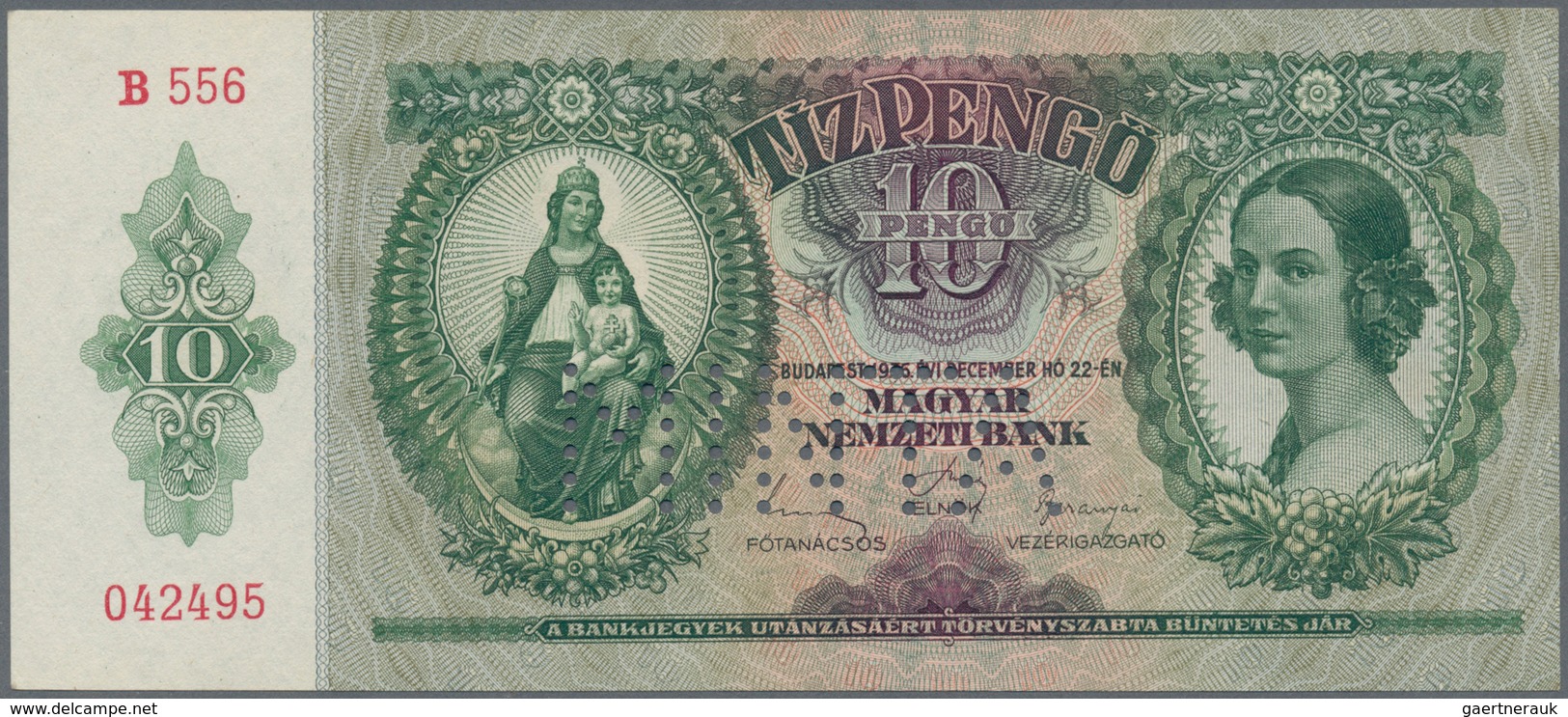 01697 Hungary / Ungarn: 10 Pengö 1936 Specimen, P.100s With Perforation "MINTA" In UNC Condition - Hungría