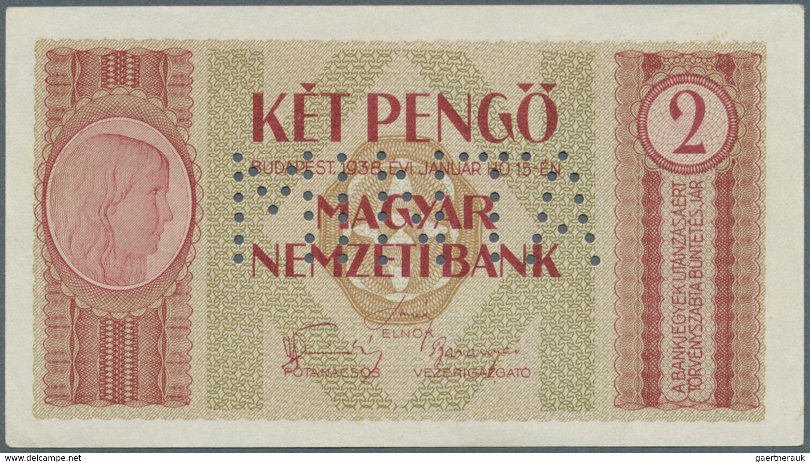 01698 Hungary / Ungarn: Magyar Nemzeti Bank, 2 Pengö 1938 MINTA (Specimen), P.103s, Slightly Edge Bend At - Hongarije