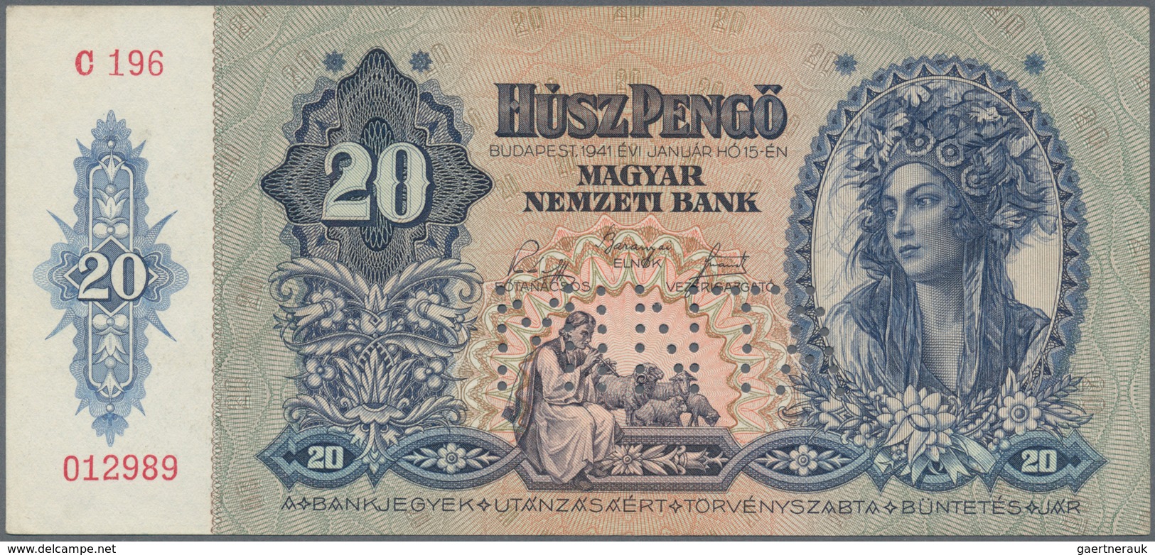 01699 Hungary / Ungarn: 20 Pengö 1941 Specimen, P.109s With Perforation "MINTA" With Vertical Fold At Cent - Ungheria