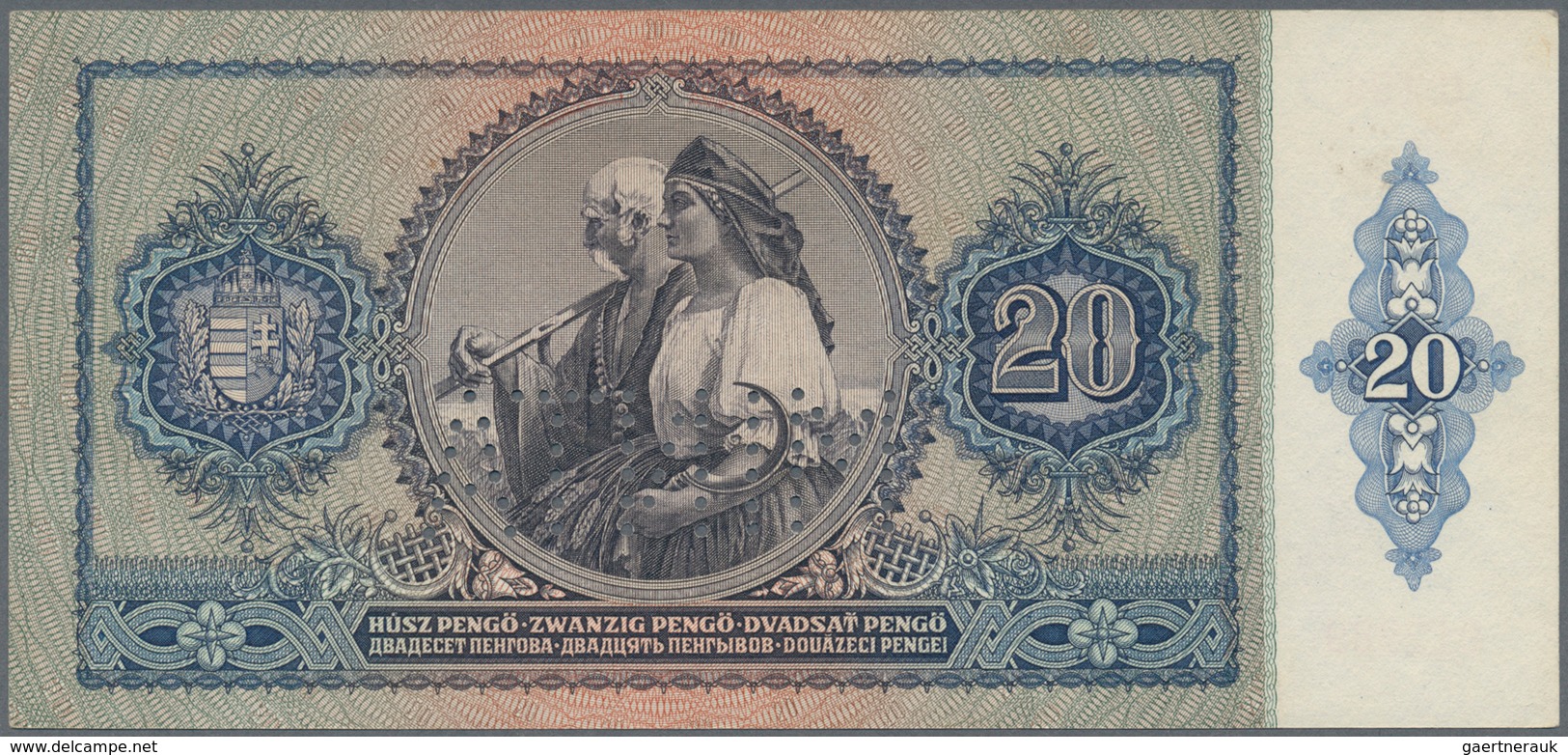 01699 Hungary / Ungarn: 20 Pengö 1941 Specimen, P.109s With Perforation "MINTA" With Vertical Fold At Cent - Hungary