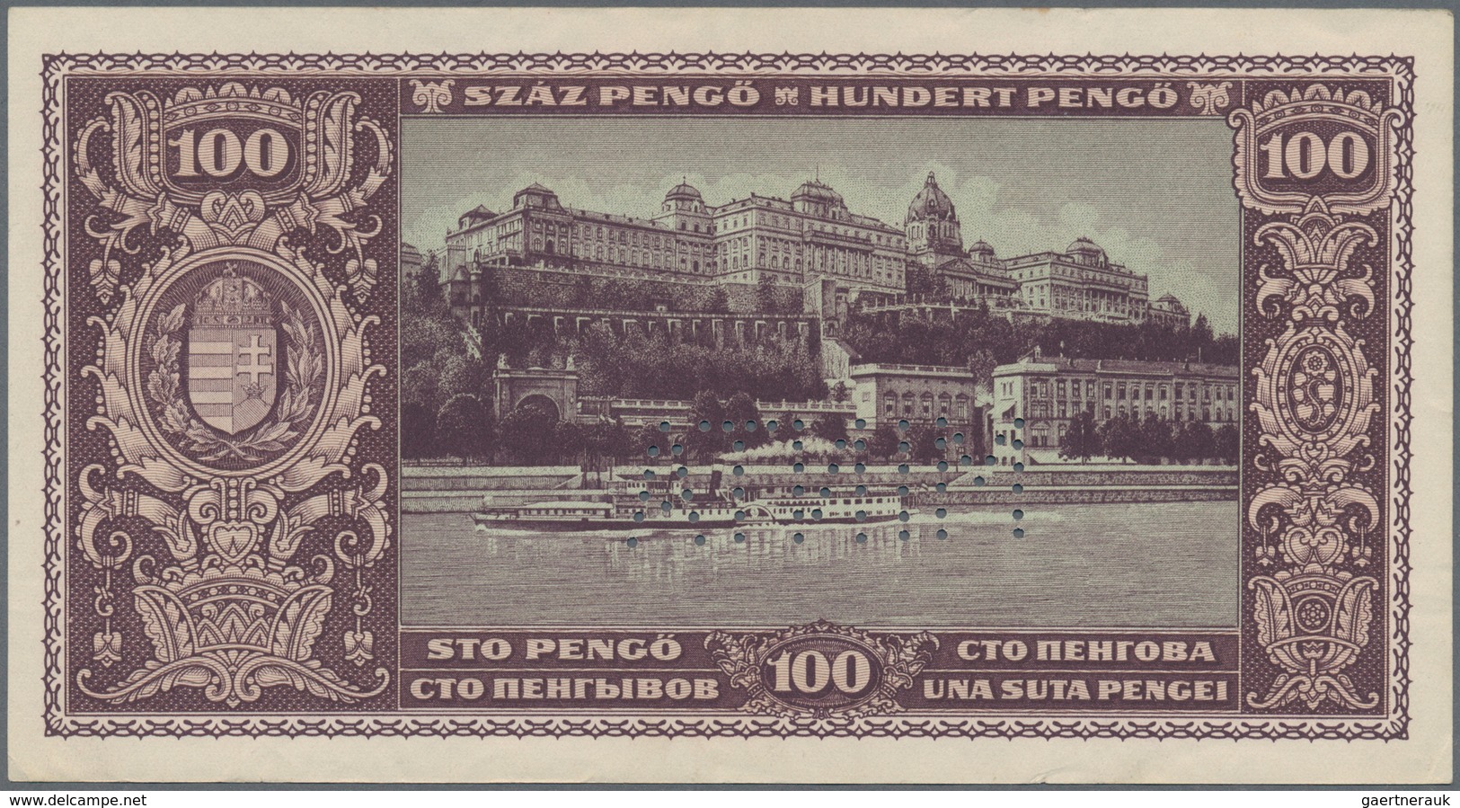 01700 Hungary / Ungarn: 100 Pengö 1945 Specimen, P.111s With Perforation "MINTA", Some Minor Creases In Th - Hongarije