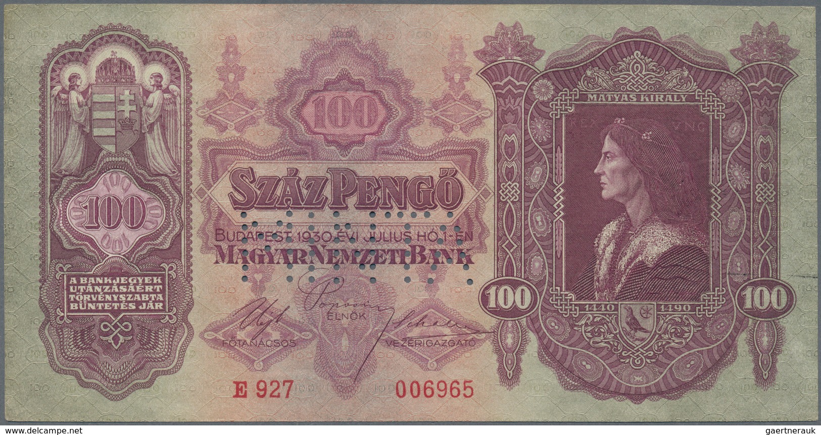 01701 Hungary / Ungarn: 100 Pengö 1930 Specimen, P.112s With Perforation "MINTA", Some Minor Creases And L - Hungary