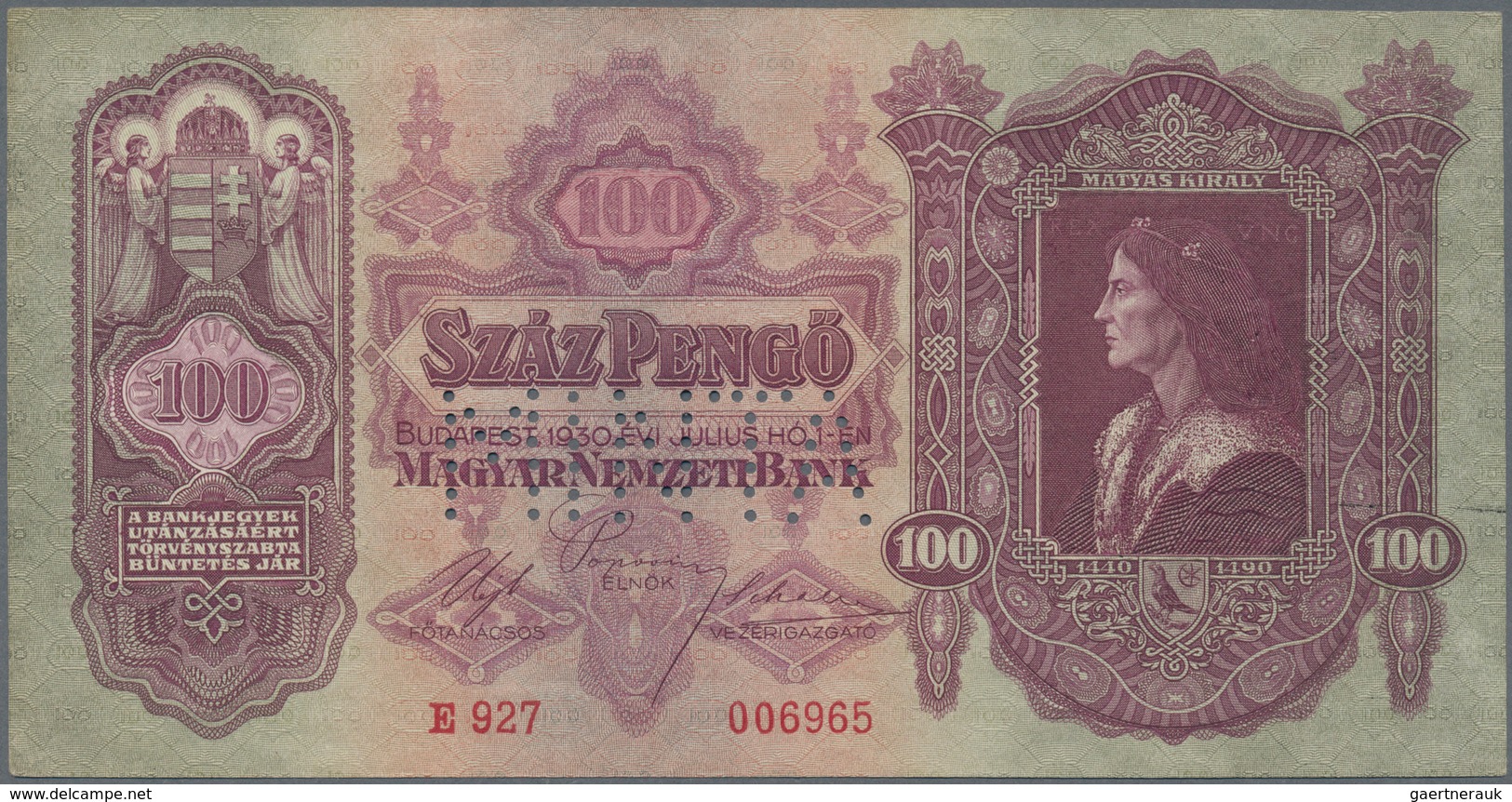 01701 Hungary / Ungarn: 100 Pengö 1930 Specimen, P.112s With Perforation "MINTA", Some Minor Creases And L - Hungría