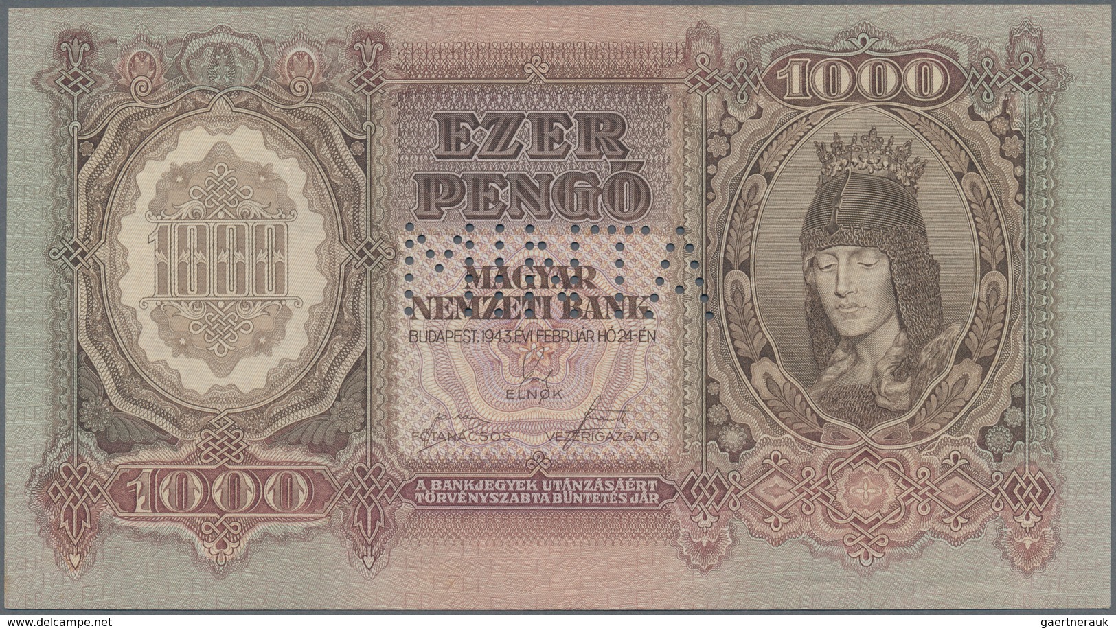 01702 Hungary / Ungarn: 1000 Pengö 1943 Specimen, P.116s With Perforation "MINTA" In UNC Condition - Hungary