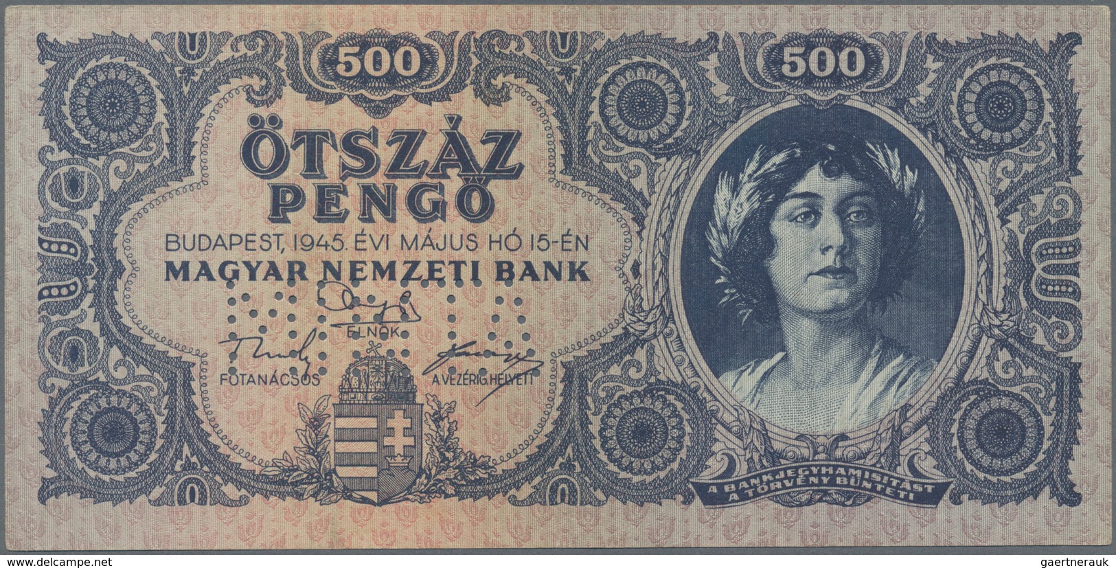 01703 Hungary / Ungarn: 500 Pengö 1945 Specimen, P.117s With Perforation "MINTA", Vertically Folded And Ti - Hungría