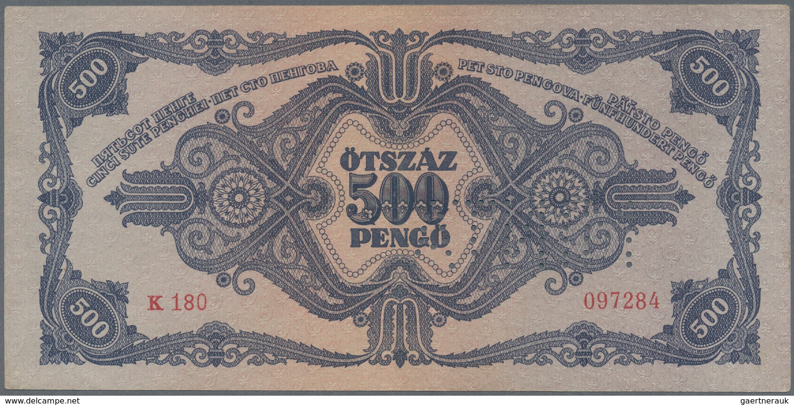 01703 Hungary / Ungarn: 500 Pengö 1945 Specimen, P.117s With Perforation "MINTA", Vertically Folded And Ti - Hungary