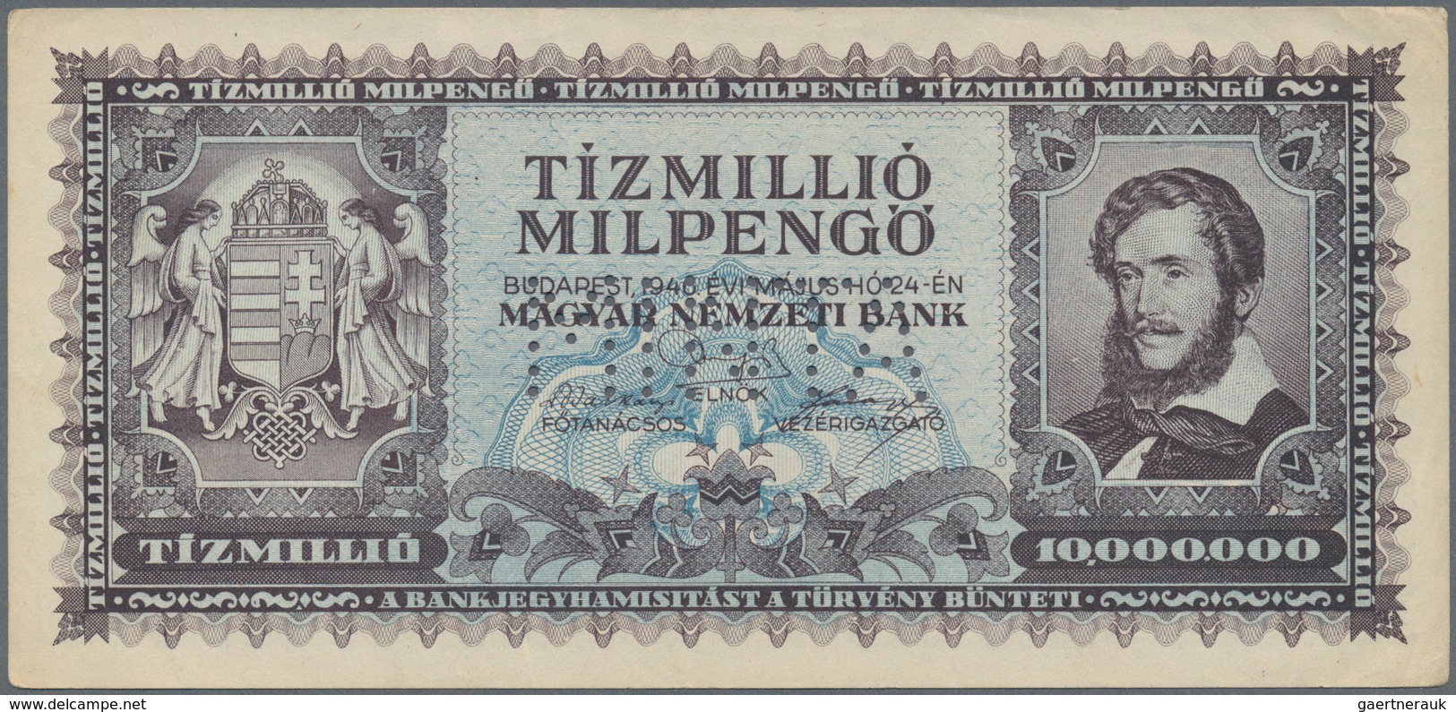 01705 Hungary / Ungarn: 10 Million Milpengö 1946 Specimen, P.129s With Perforation "MINTA", Lightly Toned - Hungría