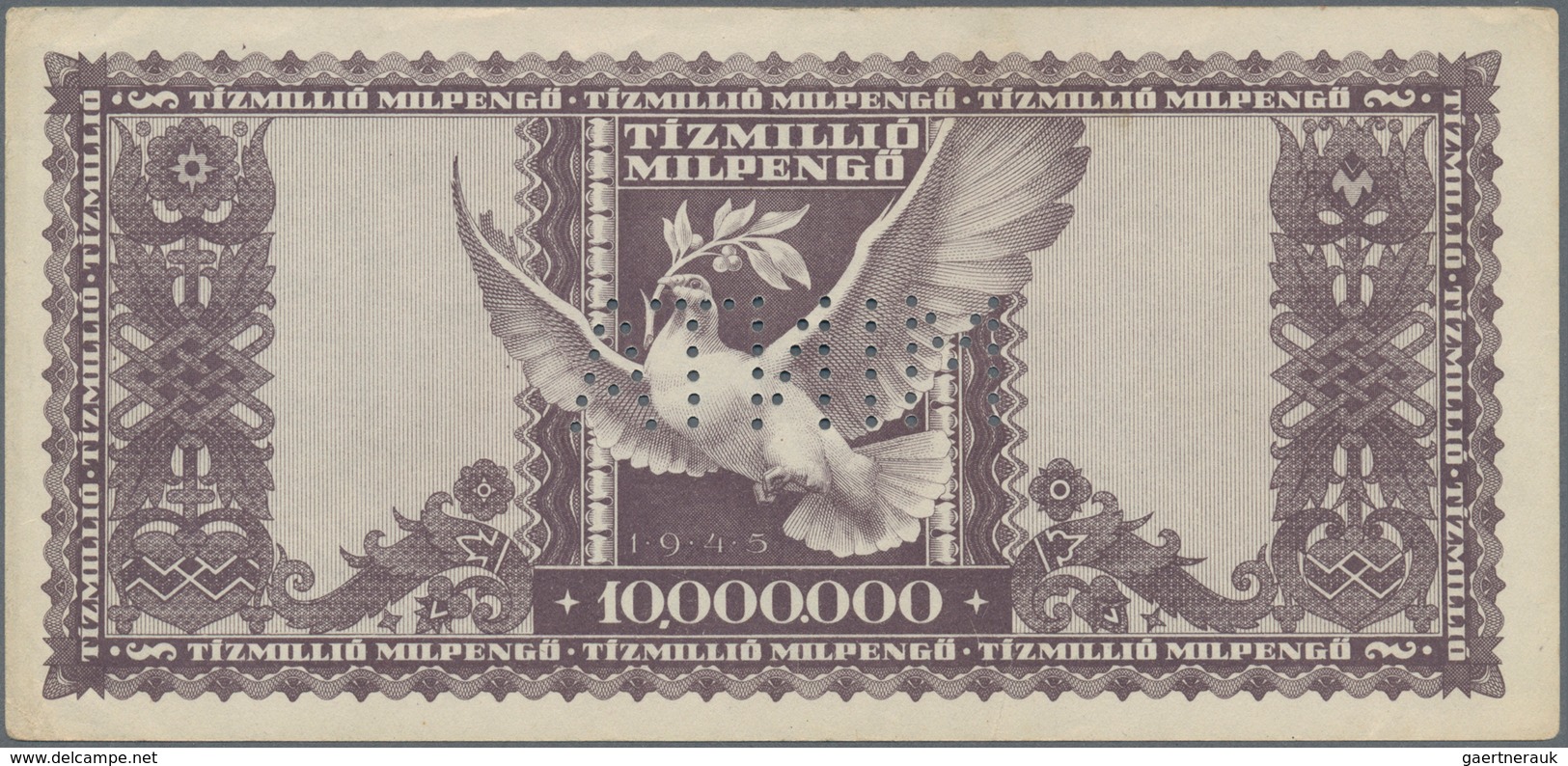 01705 Hungary / Ungarn: 10 Million Milpengö 1946 Specimen, P.129s With Perforation "MINTA", Lightly Toned - Hungary