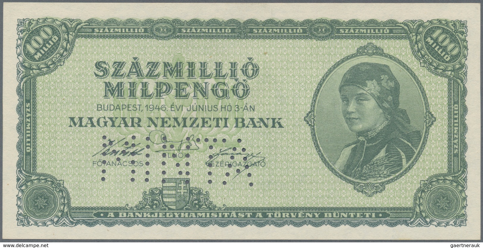 01706 Hungary / Ungarn: 100 Million Milpengö 1946 Specimen, P.130s With Perforation "MINTA" In UNC Conditi - Hungría