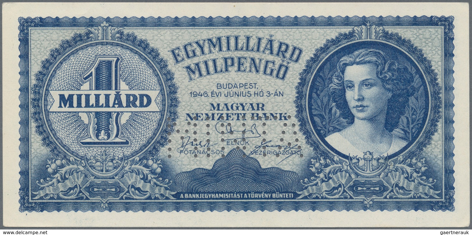 01707 Hungary / Ungarn: 1 Milliard Milpengö 1946 Specimen, P.131s With Perforation "MINTA" In AUNC Conditi - Hungary