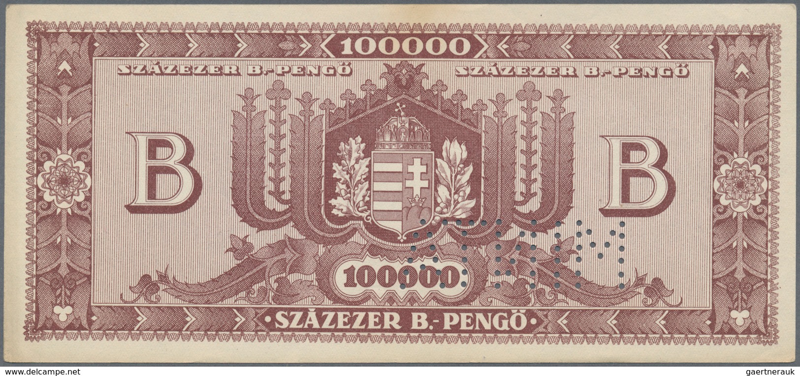 01708 Hungary / Ungarn: 100.000 B-Pengö 1946 Specimen, P.133s With Perforation "MINTA" With Lightly Toned - Ungheria