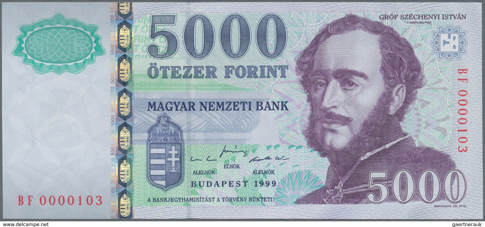 01711 Hungary / Ungarn: 5000 Forint 1999, P.182 With Very Low Serail Number BF 0000103 In UNC Condition - Hongarije