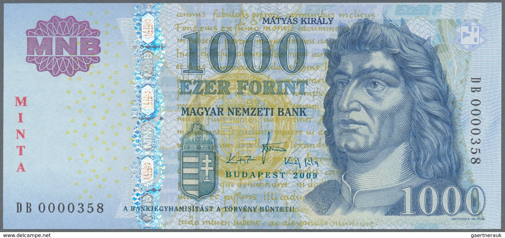 01713 Hungary / Ungarn: 1000 Forint 2009 Specimen, P.197as With Red Overprint "MINTA" In UNC Condition - Hungary