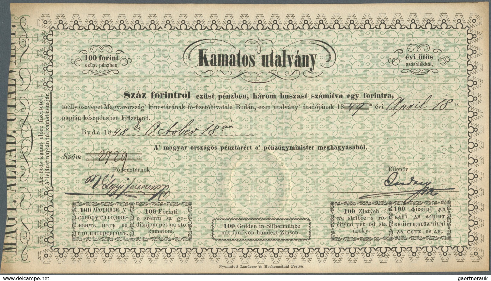 01714 Hungary / Ungarn: 100 Forint 1849 Kamatos Utalvány (Interest Paying Legal Tender Treasury Bill), P.S - Ungheria