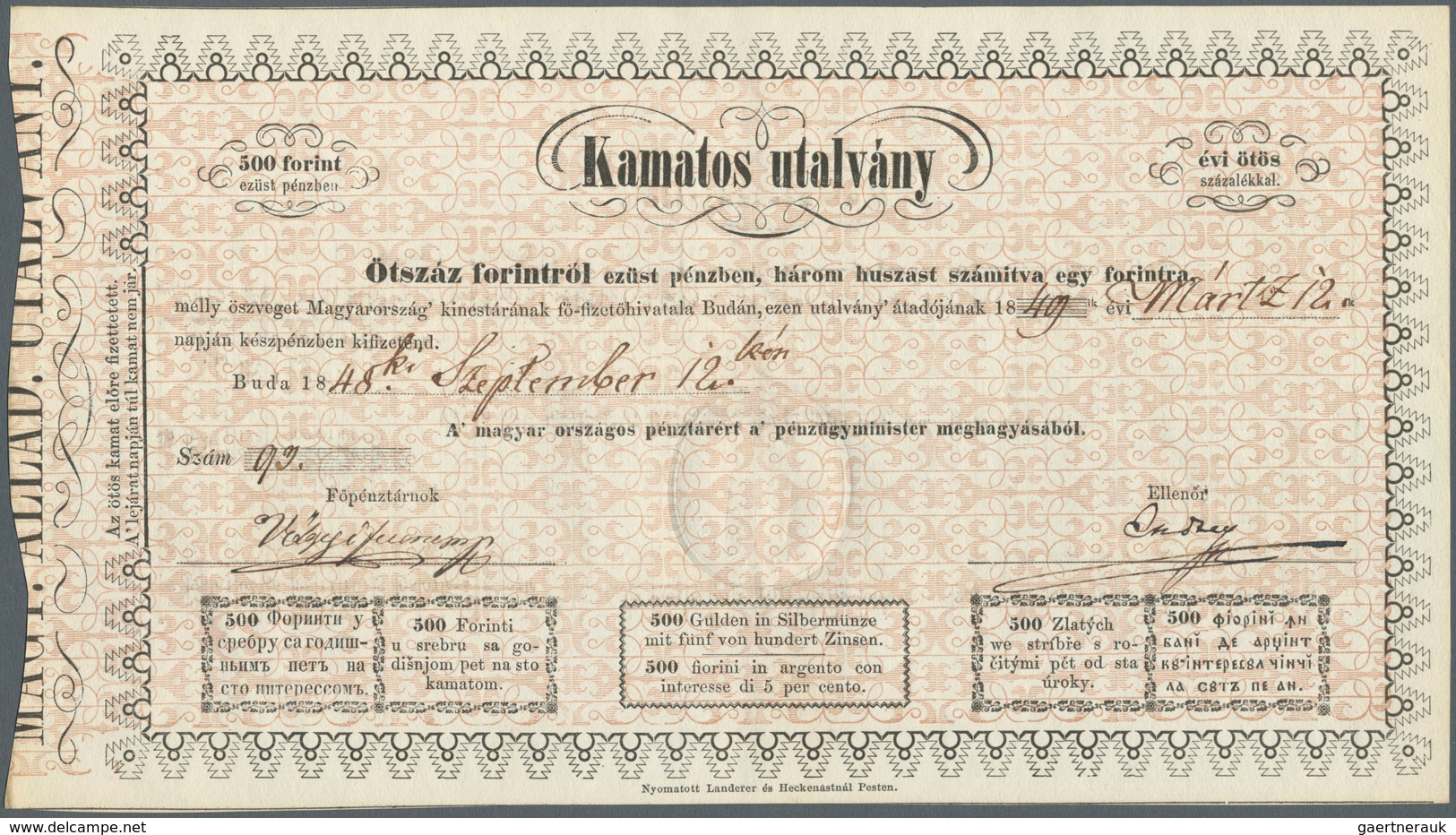 01715 Hungary / Ungarn: 500 Forint 1848 Kamatos Utalvány (Interest Paying Legal Tender Treasury Bill), P.S - Hungría