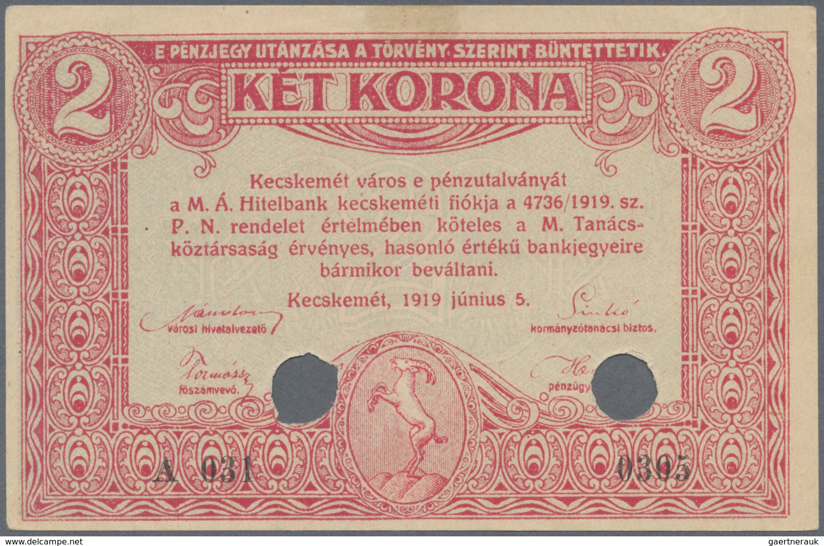 01718 Hungary / Ungarn: City Of Kecskemet 2 Korona 1919, P.NL (Adamovsky KEC-3.1.1), With Cancellation Hol - Hungría