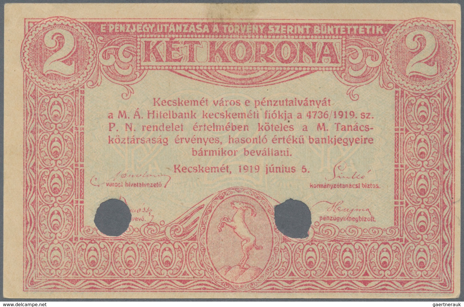 01718 Hungary / Ungarn: City Of Kecskemet 2 Korona 1919, P.NL (Adamovsky KEC-3.1.1), With Cancellation Hol - Hongarije