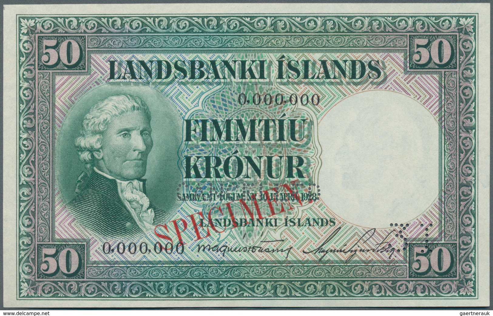 01719 Iceland / Island: 50 Kronur 1956 Specimen P. 34s, "cancelled" Perforation, Specimen Overprint, Zero - Iceland