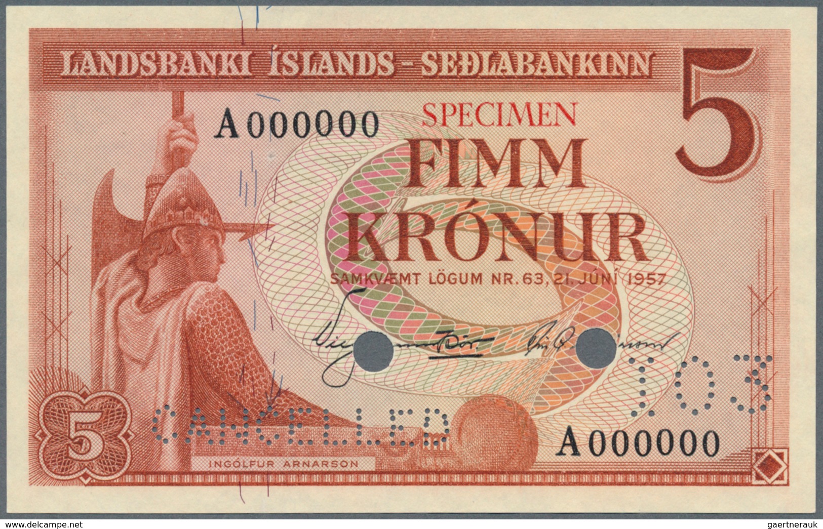 01720 Iceland / Island: 5 Kronur L.21.06.1957 SPECIMEN, P.37as In Perfect UNC Condition - Islandia