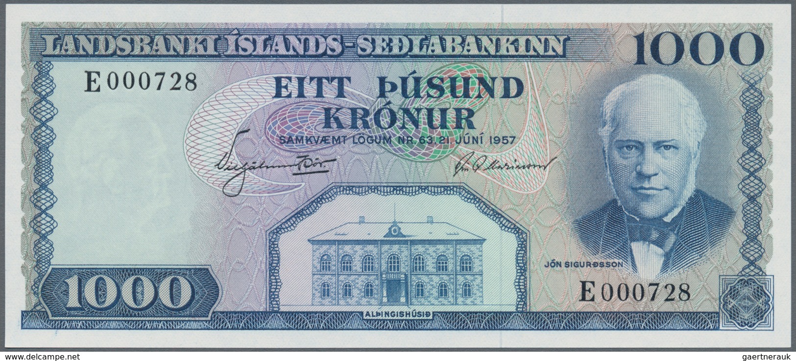 01722 Iceland / Island: 1000 Kronur 1957 P. 41a, Rare Condition For The Early Date Note: UNC. - Iceland