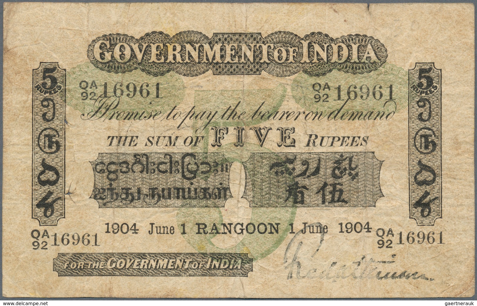 01724 India / Indien: Very Rare British Government Of India BURMA RANGOON Issue 5 Ripees 1904 Sign. Atkins - India