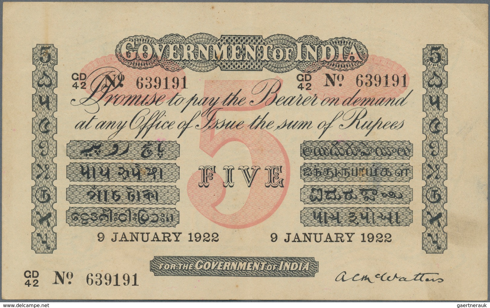 01726 India / Indien: Government Of India 5 Rupees 1922 P. A6 In Exceptional Condition, 2 Usual Pinholes A - Inde