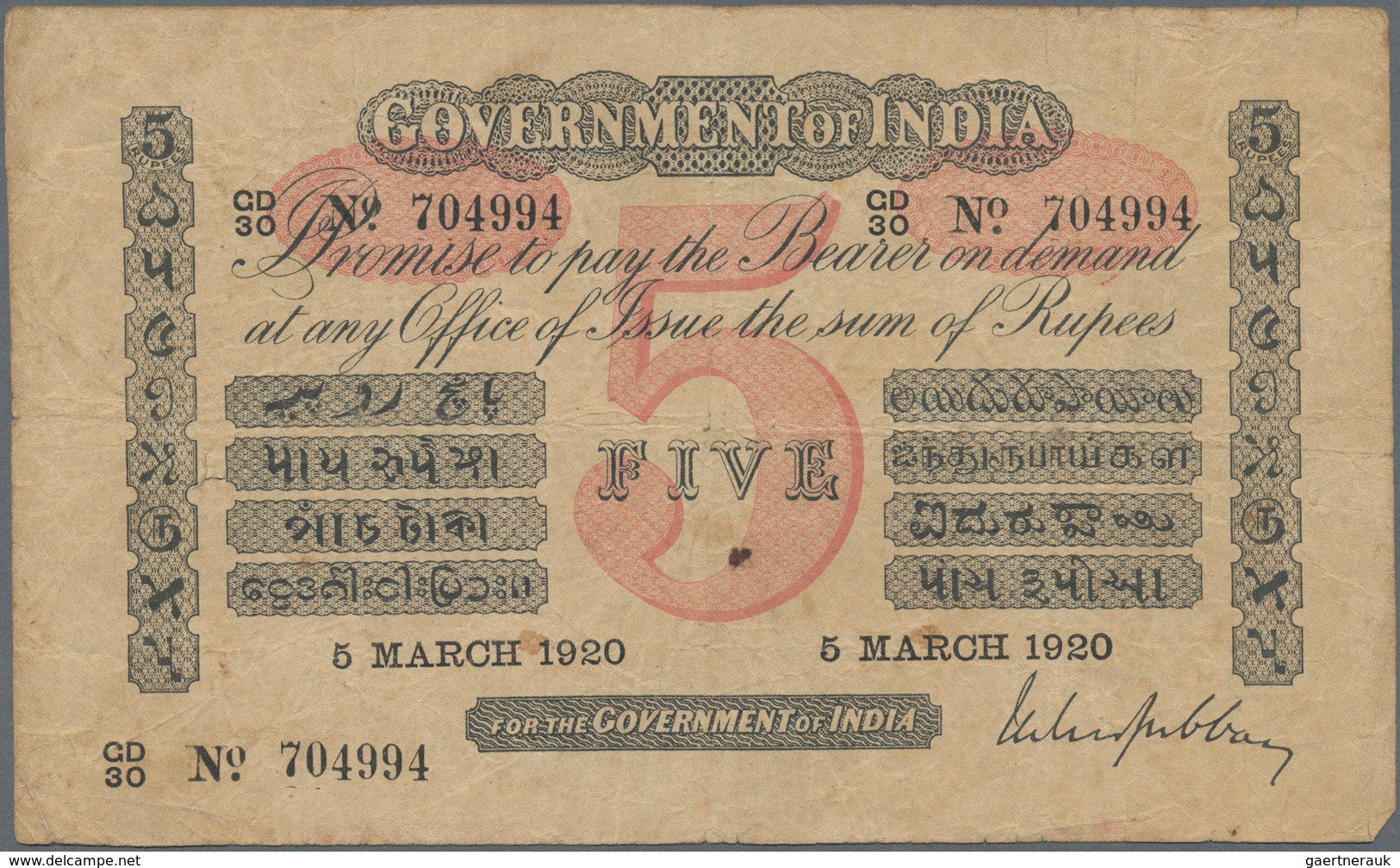 01727 India / Indien: 5 Rupees March 5th 1920, P.A6 In F. Rare! - India