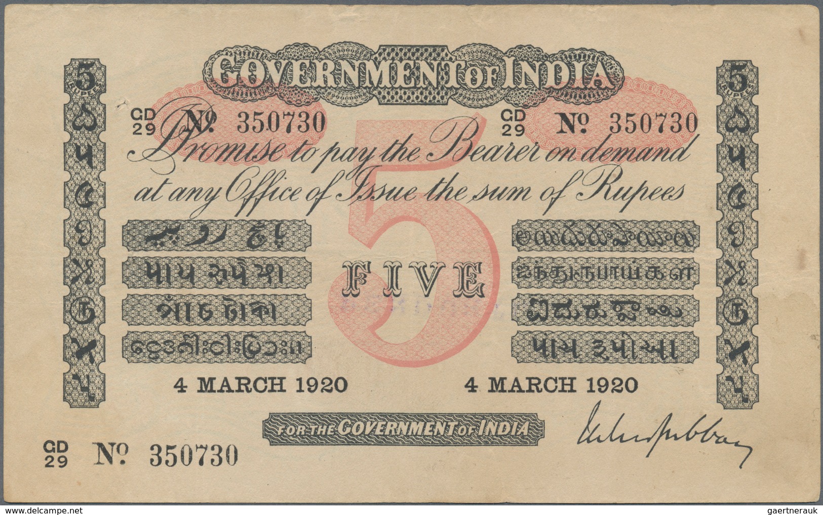 01728 India / Indien: 5 Rupees March 4th 1920, P.A6 In VF Rare! - Indien