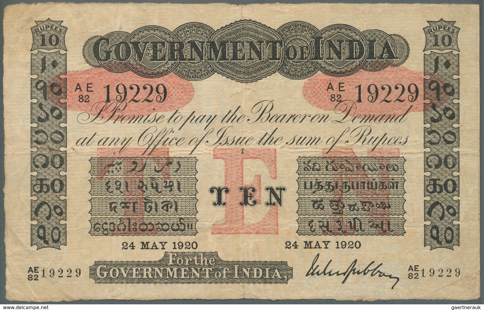 01729 India / Indien: Government Of India 10 Rupees 1920 P. A10, Used With Folds And Stain In Paper, Small - India