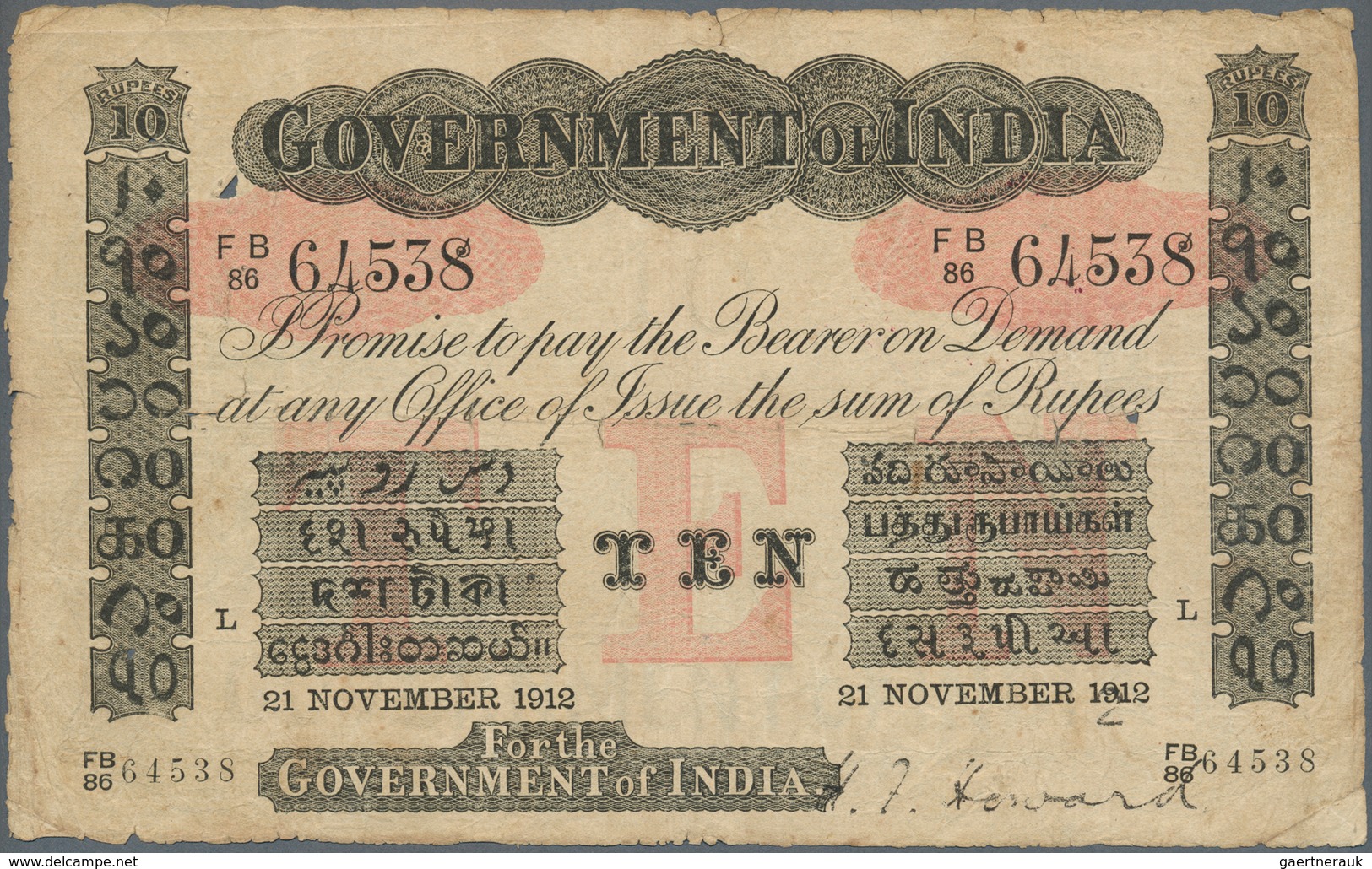 01730 India / Indien: Government Of India 10 Rupees 1912 LAHORE Issue P. A10, Used With Several Folds And - India