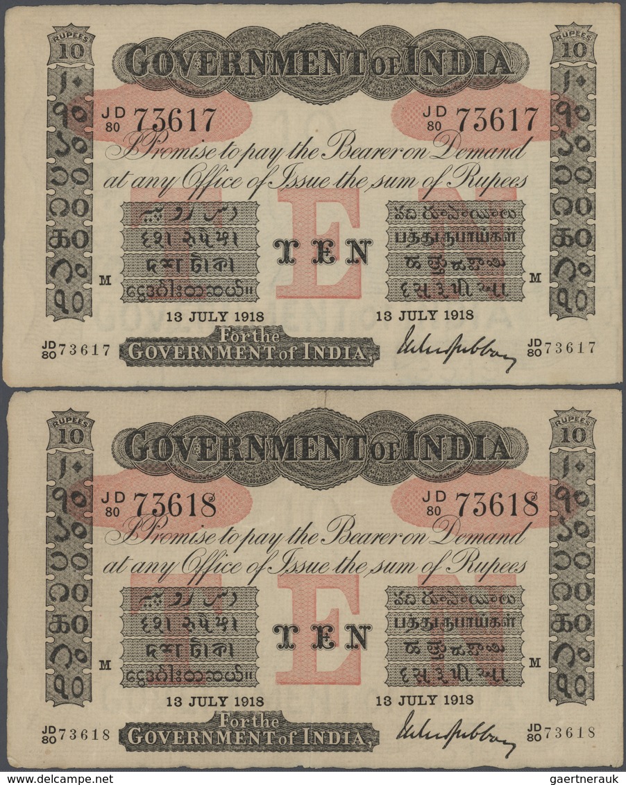 01731 India / Indien: Highly Rare Set Of 2 CONSECUTIVE Notes 10 Rupees 1918 MADRAS Issue P. A10, With Seri - India