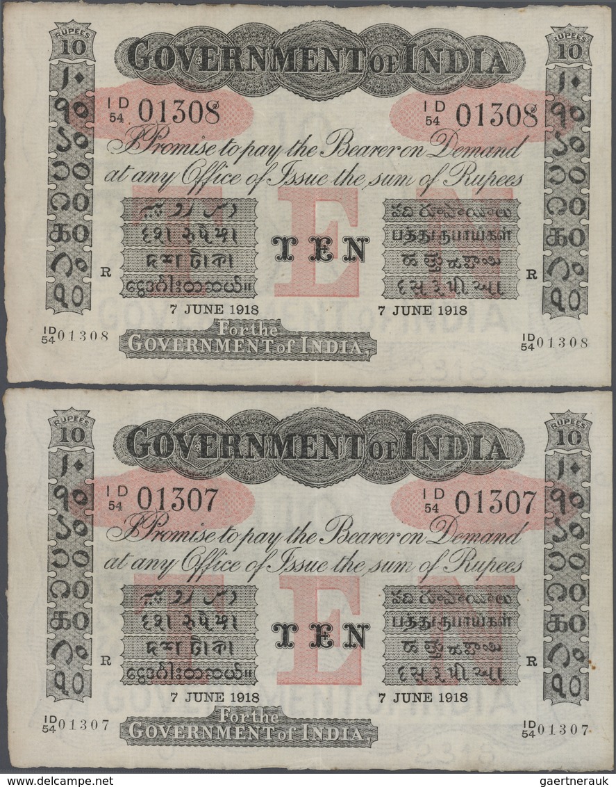 01732 India / Indien: Highly Rare Set Of 2 Consecutive Notes 10 Rupees 1918 RANGOON Issue P. A10 In Simila - India