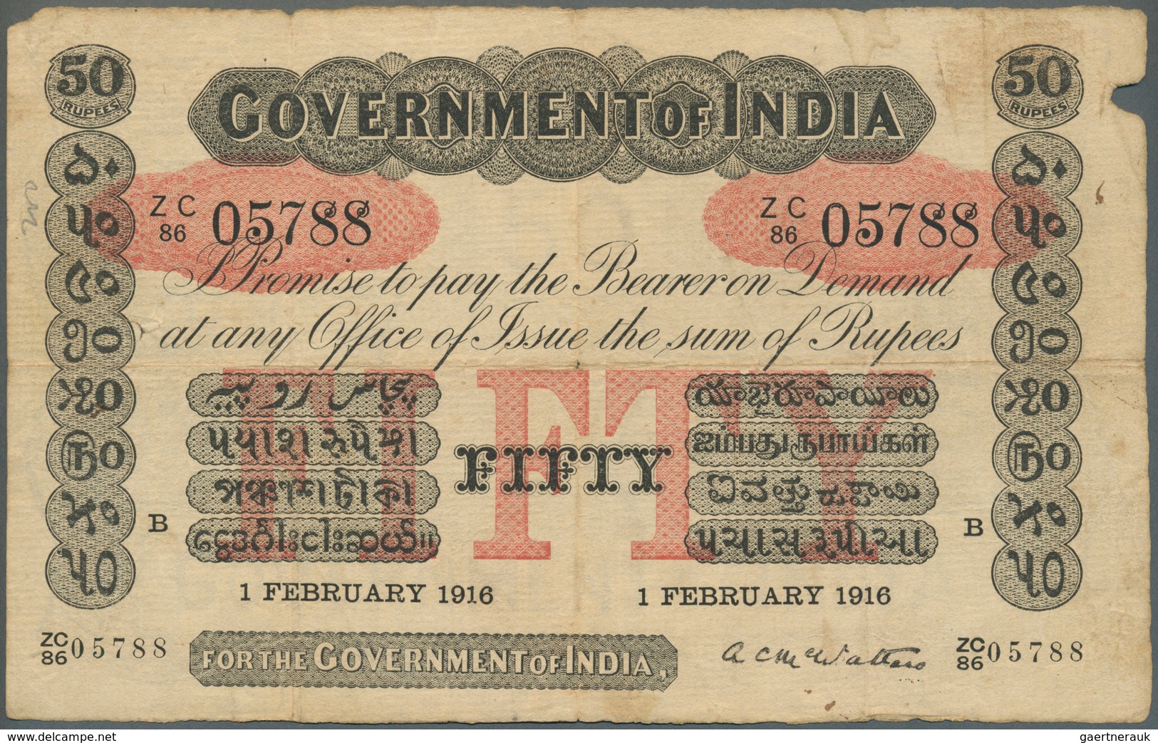 01733 India / Indien: Rare Government Of India 50 Rupees 1916 P. A15, Used With Folds And Light Stain In P - India