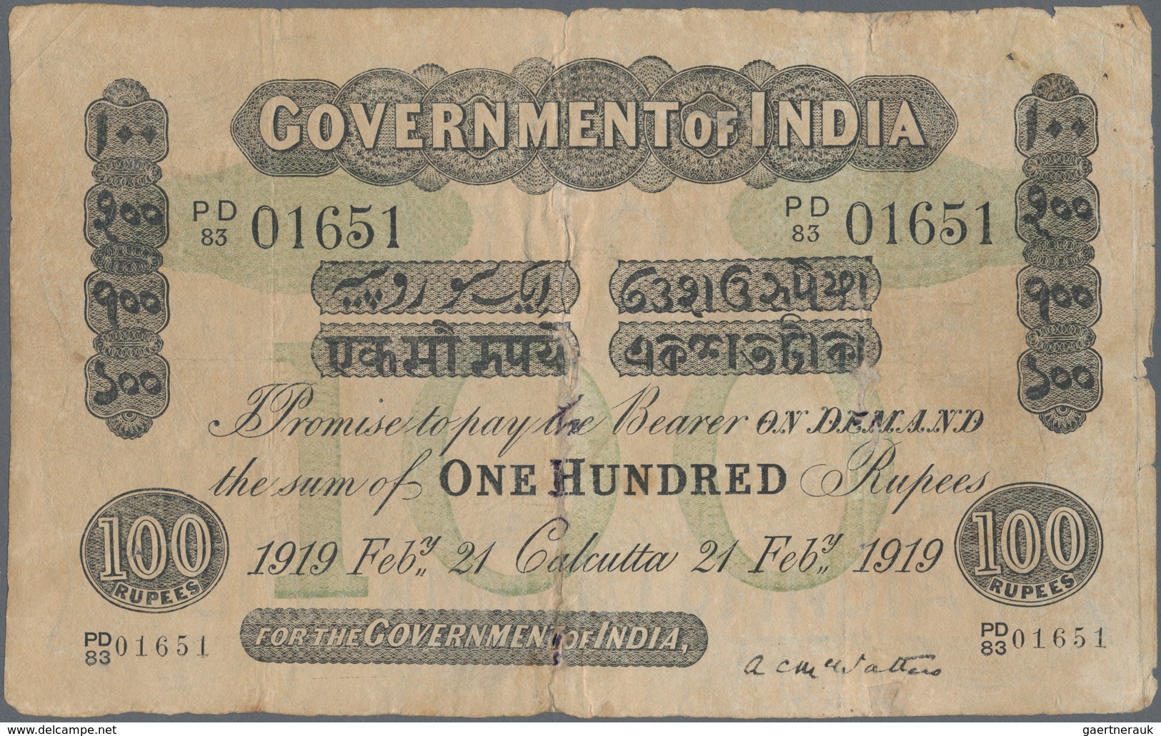 01734 India / Indien: 100 Rupees CALCUTTA February 21st 1919, P.A17c, Taped Tears. Condition: F- RARE! - India