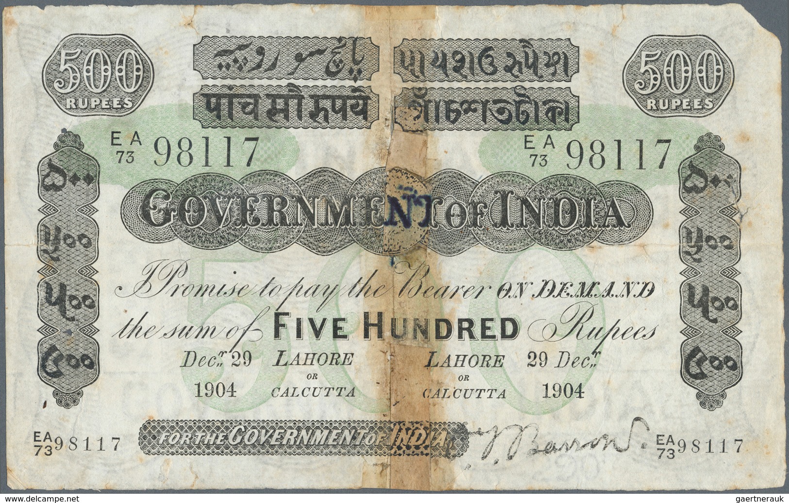 01735 India / Indien: Rare Government Of India 500 Rupees 1904 LAHORE Issue P. A18 In Stronger Used Condit - India
