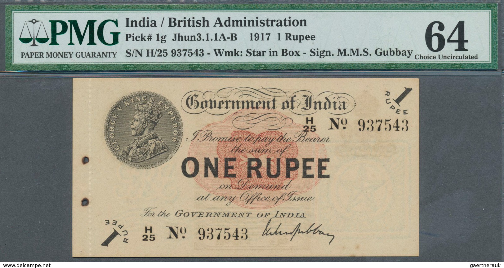 01736 India / Indien: 1 Rupee 1917 P. 1g, Condition: PMG Graded 64 Choice UNC. - India