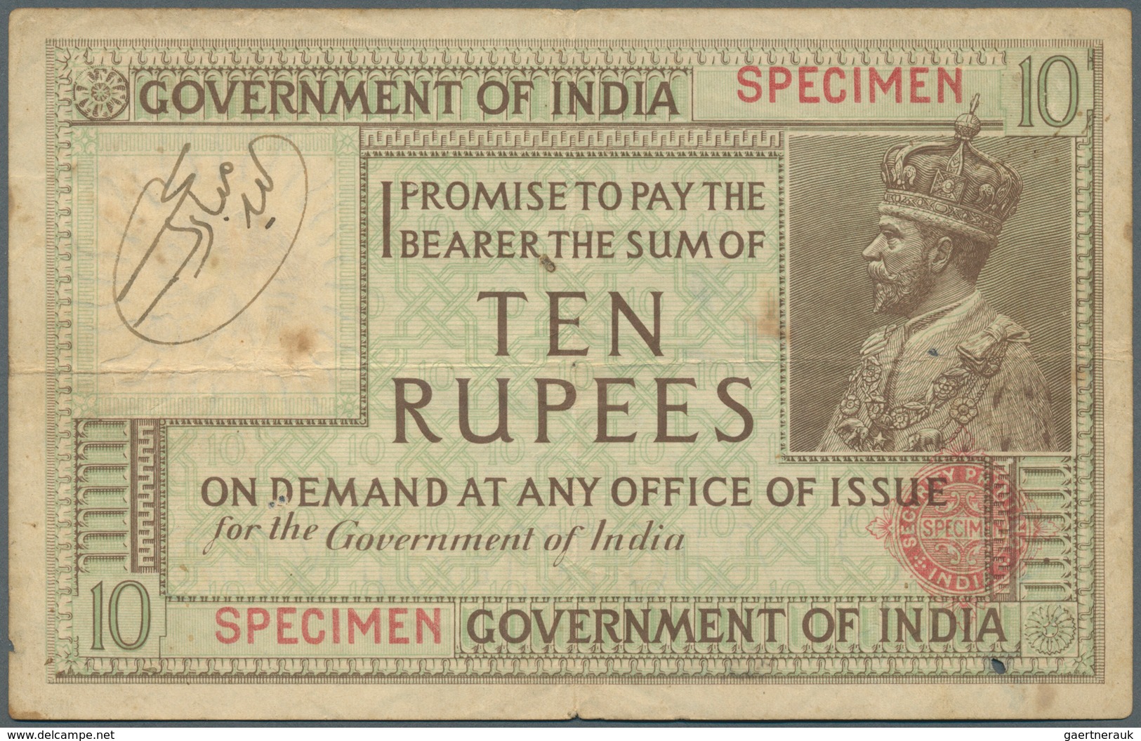 01738 India / Indien: Highly Rare SPECIMEN Note Of 10 Rupees ND(1917-30) P. 6s With Red Specimen Overprint - India